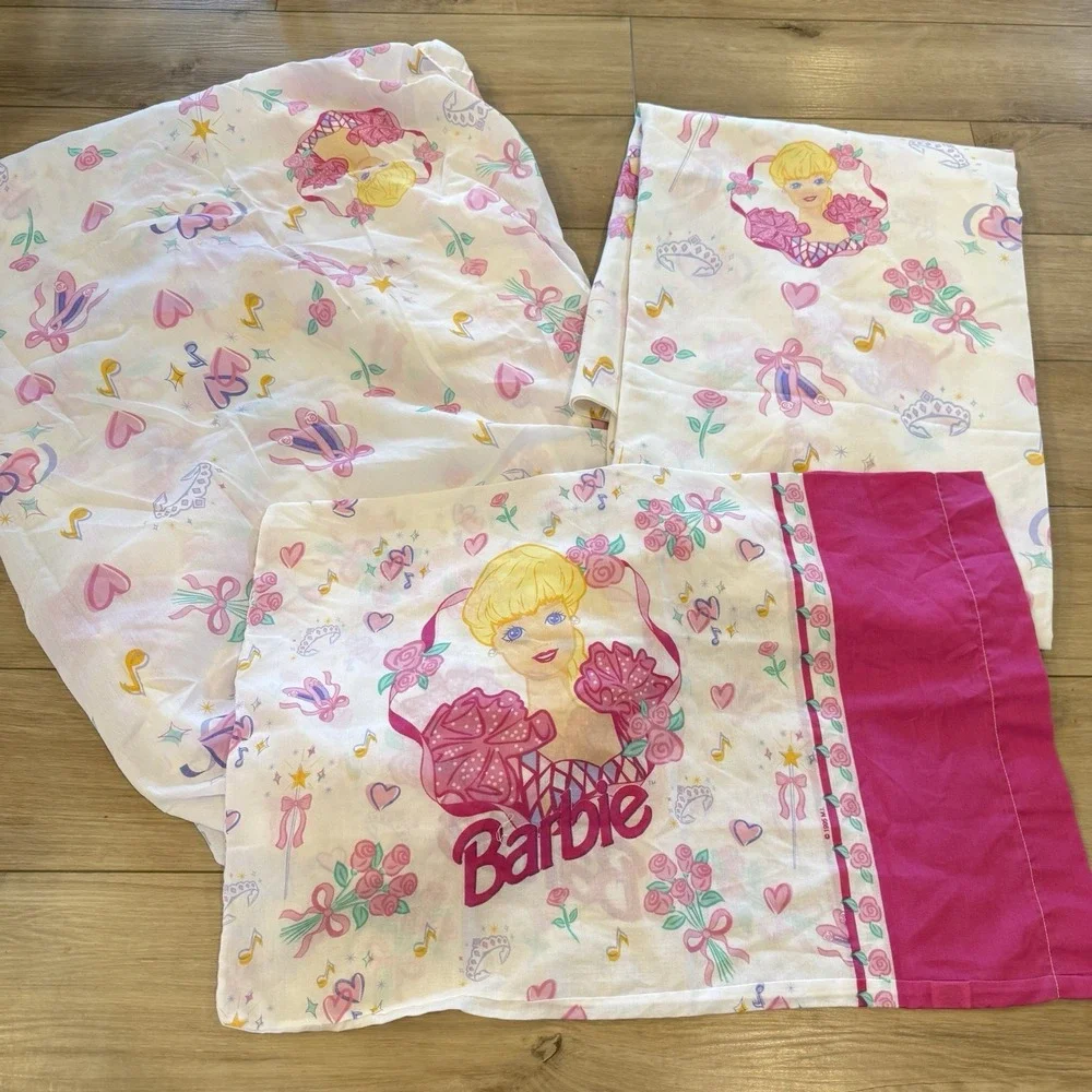 Vintage 1995 Barbie Twin Sheet Set Flat Fitted Pillowcase Retro Fabric Project